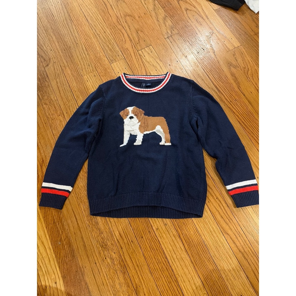 Janie and Jack Boys Navy Blue Bulldog Intarsia Knit Sweater Size 5 Preppy Stripe